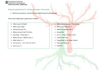 Generalitat de Catalunya
Departament d’Ensenyament
Escola Les Arrels - Mollerussa
Dimensió expressió escrita, literària, plurilingüe i intercultural.
• Planificació, producció i revisió de textos senzills amb estructura pautada.
Estructures lingüístiques i gramaticals a treballar
• When's your birthday?
• What's your name?
• How old are you? I’m ...
• Where are you from? I’m from...
• How many ...? How much...?
• Where are my...? Where is my...?
• What colour is...?
• Have you got a ...? Yes, I have, No I haven’t
• What time is it?
• What are you wearing...? I’m wearing...
• What’s your favourite...?
• What’s the weather like...?
• Do you like?
• Is it a ...? Yes, it is/ No, it isn’t
• I like/I don't like
• Prepositions: im, on, under, behind
• There are/There is..
• Can/can’t
 