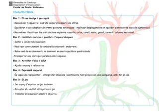 Generalitat de Catalunya
Departament d’Ensenyament
Escola Les Arrels - Mollerussa
EDUCACIÓ FÍSICA
Bloc 1: El cos imatge i percepció
- Reconèixer l'esquerra i la dreta corporal respecte als altres.
- Equilibrar el cos adoptant diferents postures estàtiques i realitzar desplaçaments en equilibri disminuint la base de sustentació.
- Reconèixer i localitzar les articulacions següents: espatlla, colze, canell, maluc, genoll, turmell i columna vertebral.
Bloc 2: Habilitats motrius i qualitats físiques bàsiques
- Saltar a corda individualment.
- Realitzar correctament la tombarella endavant i endarrere.
- Botar amb la mà dominant i no dominant en una trajectòria quadriculada.
-Transportar una pilota per parelles amb l’esquena.
Bloc 3: Activitat física i salut
- Ajuda company a relaxar-se
Bloc 4: Expressió corporal
- És capaç de representar i interpretar emocions i sentiments, tant propis com dels companys, amb tot el cos.
Bloc 5: El joc
- Ser capaç d'explicar un joc oralment.
- Acceptar el resultat obtingut en el joc.
- Treballar en equip per assolir l'objectiu.
 