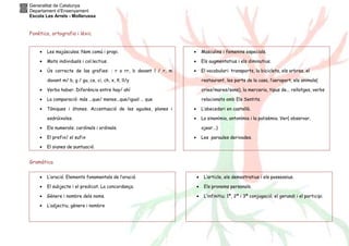 Generalitat de Catalunya
Departament d’Ensenyament
Escola Les Arrels - Mollerussa
Fonètica, ortografia i lèxic
Gramàtica
• Les majúscules. Nom comú i propi.
• Mots individuals i col.lectius.
• Ús correcte de las grafies: : r o rr, b davant l / r, m
davant m/ b, g / gu, ce, ci, ch, x, ñ, ll/y
• Verbo haber. Diferència entre hay/ ahí
• La comparació: más ...que/ menos...que/igual ... que
• Tòniques i àtones. Accentuació de les agudes, planes i
esdrúixoles.
• Els numerals: cardinals i ordinals.
• El prefix/ el sufix
• El signes de puntuació.
• Masculins i femenins especials.
• Els augmentatius i els diminutius.
• El vocabulari: transports, la bicicleta, els arbres, el
restaurant, les parts de la casa, l’aeroport, els animals(
cries/mares/sons), la merceria, tipus de... rellotges, verbs
relacionats amb Els Sentits.
• L’abecedari en castellà.
• La sinonímia, antonímia i la polisèmia. Ver( observar,
ojear...)
• Les paraules derivades.
• L’oració. Elements fonamentals de l’oració.
• El subjecte i el predicat. La concordança.
• Gènere i nombre dels noms.
• L’adjectiu, gènere i nombre
• L’article, els demostratius i els possessius.
• Els pronoms personals.
• L’infinitiu; 1ª, 2ª i 3ª conjugació; el gerundi i el participi.
 