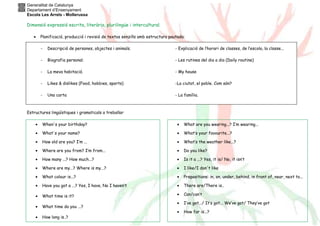 Generalitat de Catalunya
Departament d’Ensenyament
Escola Les Arrels - Mollerussa
Dimensió expressió escrita, literària, plurilingüe i intercultural.
• Planificació, producció i revisió de textos senzills amb estructura pautada:
- Descripció de persones, objectes i animals. - Explicació de l’horari de classes, de l’escola, la classe...
- Biografia personal. - Les rutines del dia a dia (Daily routine)
- La meva habitació. - My house
- Likes & dislikes (Food, hobbies, sports) -La ciutat, el poble. Com són?
- Una carta - La família.
Estructures lingüístiques i gramaticals a treballar
• When's your birthday?
• What's your name?
• How old are you? I’m ...
• Where are you from? I’m from...
• How many ...? How much...?
• Where are my...? Where is my...?
• What colour is...?
• Have you got a ...? Yes, I have, No I haven’t
• What time is it?
• What time do you ...?
• How long is..?
• What are you wearing...? I’m wearing...
• What’s your favourite...?
• What’s the weather like...?
• Do you like?
• Is it a ...? Yes, it is/ No, it isn’t
• I like/I don't like
• Prepositions: in, on, under, behind, in front of, near, next to...
• There are/There is..
• Can/can’t
• I’ve got.../ It’s got... We’ve got/ They’ve got
• How far is...?
 