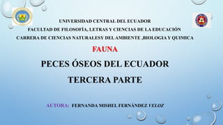 UNIVERSIDAD CENTRAL DEL ECUADOR
FACULTAD DE FILOSOFÍA, LETRAS Y CIENCIAS DE LA EDUCACIÓN
CARRERA DE CIENCIAS NATURALESY DELAMBIENTE ,BIOLOGIAY QUIMICA
FAUNA
PECES ÓSEOS DEL ECUADOR
TERCERA PARTE
AUTORA: FERNANDA MISHEL FERNÁNDEZ VELOZ
 