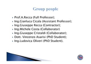Prof.A.Recca
Prof A Recca (Full Professor);
Ing.Gianluca Cicala (Assistant Professor);
Ing.Giuseppe
Ing Giuseppe Recca (Contractor);
Ing.Michele Costa (Collaborator)
Ing.Giuseppe C i ldi (C ll b
I   Gi        Cristaldi (Collaborator);
                                     )
Dott. Vincenzo Asarisi (PhD Student);
Ing.Ludovica Oliveri (PhD Student).
 