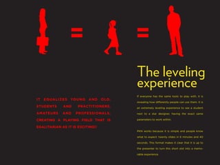 The leveling
                                             experience
                                             If everyone has the same tools to play with, it is
IT   EQUA L I Z ES   YOU N G   AND   OL D,
                                             revealing how differently people can use them. It is
STUDENTS       AND      PRACTITIONERS,       an extremely leveling experience to see a student

AMATEURS       AND     PROFESSIONALS,        next to a star designer, having the exact same

CREATING A PLAYING FIELD THAT IS             parameters to work within.

EGALITARIAN AS IT IS EXCITING!!
                                             PKN works because it is simple and people know

                                             what to expect: twenty slides in 6 minutes and 40

                                             seconds. This format makes it clear that it is up to

                                             the presenter to turn this short slot into a memo-

                                             rable experience.
 