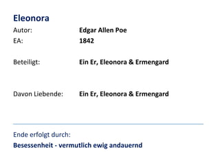 Eleonora
Autor:
EA:

Edgar Allen Poe
1842

Beteiligt:

Ein Er, Eleonora & Ermengard

Davon Liebende:

Ein Er, Eleonora & Ermengard

Ende erfolgt durch:
Besessenheit - vermutlich ewig andauernd

 