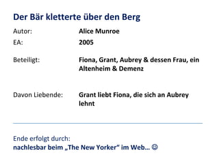 Der Bär kletterte über den Berg
Autor:

Alice Munroe

EA:

2005

Beteiligt:

Fiona, Grant, Aubrey & dessen Frau, ein
Altenheim & Demenz

Davon Liebende:

Grant liebt Fiona, die sich an Aubrey
lehnt

Ende erfolgt durch:
nachlesbar beim „The New Yorker“ im Web… 

 