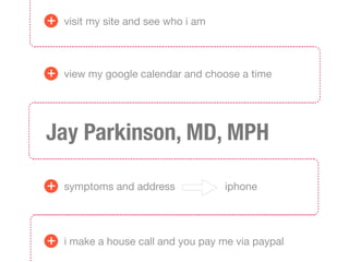 +   visit my site and see who i am




+   view my google calendar and choose a time




Jay Parkinson, MD, MPH

+   symptoms and address             iphone




+   i make a house call and you pay me via paypal
 
