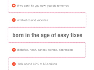 -   if we can’t ﬁx you now, you die tomorrow




+   antibiotics and vaccines




born in the age of easy ﬁxes

-   diabetes, heart, cancer, asthma, depression




-   10% spend 80% of $2.5 trillion
 