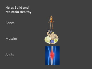 Helps Build and
Maintain Healthy
Bones
Muscles
Joints