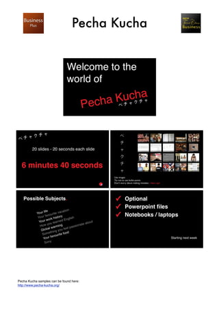 Pecha Kucha




Pecha Kucha samples can be found here:
http://www.pecha-kucha.org/
 