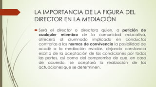 LA IMPORTANCIA DE LA FIGURA DEL
DIRECTOR EN LA MEDIACIÓN
´ Será el director o directora quien, a petición de
cualquier miembro de la comunidad educativa,
ofrecerá al alumnado implicado en conductas
contrarias a las normas de convivencia la posibilidad de
acudir a la mediación escolar, dejando constancia
escrita de la aceptación de las condiciones por todas
las partes, así como del compromiso de que, en caso
de acuerdo, se aceptará la realización de las
actuaciones que se determinen.
 
