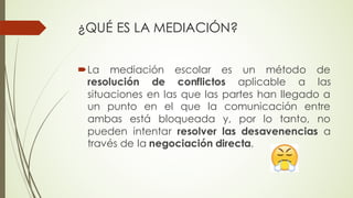 ¿QUÉ ES LA MEDIACIÓN?
´La mediación escolar es un método de
resolución de conflictos aplicable a las
situaciones en las que las partes han llegado a
un punto en el que la comunicación entre
ambas está bloqueada y, por lo tanto, no
pueden intentar resolver las desavenencias a
través de la negociación directa.
 