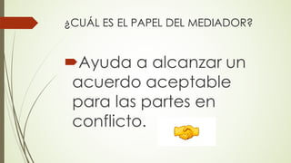 ¿CUÁL ES EL PAPEL DEL MEDIADOR?
´Ayuda a alcanzar un
acuerdo aceptable
para las partes en
conflicto.
 