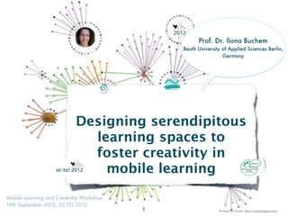 Prof. Dr. Ilona Buchem
                                              Beuth University of Applied Sciences Berlin,
                                                               Germany




                            Designing serendipitous
                              learning spaces to
                              foster creativity in
                                mobile learning
Mobile Learning and Creativity Workshop
19th September 2012, EC-TEL 2012
                                          1                  Background image: http://1.bp.blogspot.com
 