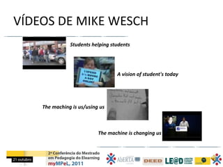 VÍDEOS DE MIKE WESCH
               Students helping students




                                  A vision of student's today




    The maching is us/using us



                           The machine is changing us
 