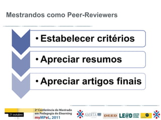 Mestrandos como Peer-Reviewers


       • Estabelecer critérios

       • Apreciar resumos

       • Apreciar artigos finais
 