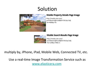 Solution http://media.site.com/ ov2VWoVcS@h1o8@DrTJ913yL7a0j ?w=400&q=70 Mobile Search Results Page Image Mobile Property Details Page Image http://media.site.com/ ov2VWoVcS@h1o8@DrTJ913yL7a0j ?w=120&q=70&s=1 multiply by, iPhone, iPad, Mobile Web, Connected TV, etc. Use a real-time Image Transformation Service such as www.elasticera.com   