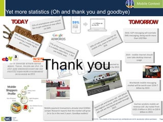 Yet more statistics (Oh and thank you and goodbye) Thank you © Copyright 2010 EYC. The contents of this document are confidential and not for reproduction without permission  Page  Engage Your Customers 77% of the world’s population is a mobile subscribers. 1.3bil use mobile web. 2014 - mobile internet should over take desktop internet usage 2016: A2P messaging will overtake SMS messaging, being worth more than US$70bn 75% of smartphone users would like to get notified of new offers via SMS Gartner predicts mobile ad revenue will  sky rocket from US$3.3 billion in 2011 to $20.6 billion in 2015 Worldwide mobile messaging market will be worth over $334.7 billion by 2015 Search ads and location ads  will deliver the highest revenue, while video/audio ads will see the fastest growth through 2015 M-commerce is expected to reach US$119 billion by 2015 TODAY TOMORROW 59% of India access internet via mobile only, even in the US it’s 25% Mobile Shoppers Profile Mobile payment transactions already total $240bil. Juniper Research reports that the market will grow 2x to 3x in the next 5 years. Goodbye wallets! Top m-commerce retailers globally include: Taobao, Amazon and eBay. On eBay alone consumers bought and sold over US$2 billion worth of merchandise on via mobile in 2010. 29% of mobile users are open to scanning a mobile tag to get coupons 