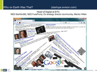 Head of Digital at EYC  NED Starfish360, NED FusePump, Ex strategy director dunnhumby, Mentor HiNet Who on Earth Was That?  (startups.evison.com) © Copyright 2010 EYC. The contents of this document are confidential and not for reproduction without permission  Page  Engage Your Customers 