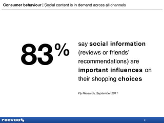 Consumer behaviour  |   Social content is in demand across all channels say  social information  (reviews or friends’ recommendations) are  important influences  on their shopping  choices 83 % Fly Research, September 2011 