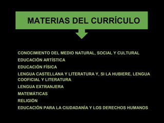MATERIAS DEL CURRÍCULO


•   CONOCIMIENTO DEL MEDIO NATURAL, SOCIAL Y CULTURAL
•   EDUCACIÓN ARTÍSTICA
•   EDUCACIÓN FÍSICA
•   LENGUA CASTELLANA Y LITERATURA Y, SI LA HUBIERE, LENGUA
    COOFICIAL Y LITERATURA
•   LENGUA EXTRANJERA
•   MATEMÁTICAS
•   RELIGIÓN
•   EDUCACIÓN PARA LA CIUDADANÍA Y LOS DERECHOS HUMANOS
 