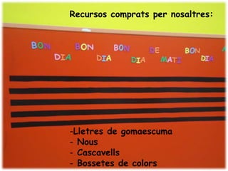 Recursos comprats per nosaltres:




-Lletres de gomaescuma
- Nous
- Cascavells
- Bossetes de colors
 