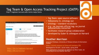 Tag Team & Open Access Tracking Project (OATP)
http://tagteam.harvard.edu/remix/oatp/items
• Tag Team: open source software
• folksonomy in, ontology out
• ontology = standard vocabulary
• e.g.: oa.journals official tag; oa.journal
automatically converted
• facilitates research group collaboration
• developed by Suber & colleagues at Harvard
Heather Morrison
Associate Professor, University of Ottawa School of Information
Studies
https://uniweb.uottawa.ca/?lang=en#/members/706
Developed for ISI 6351, social media, spring 2018
With substantive corrections & additions by Peter Suber. All
remaining errors by Heather Morrison
http://bit.ly/tagteam-harvard
http://bit.ly/o-a-t-p
 