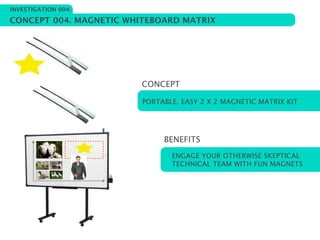 INVESTIGATION 004.

CONCEPT 004. MAGNETIC WHITEBOARD MATRIX




                         CONCEPT

                         PORTABLE, EASY 2 X 2 MAGNETIC MATRIX KIT




                              BENEFITS
                                ENGAGE YOUR OTHERWISE SKEPTICAL
                                TECHNICAL TEAM WITH FUN MAGNETS
 
