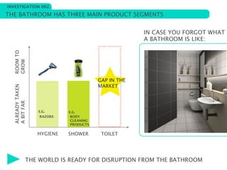 INVESTIGATION 002.

THE BATHROOM HAS THREE MAIN PRODUCT SEGMENTS


                                                     IN CASE YOU FORGOT WHAT
                                                     A BATHROOM IS LIKE:
  ROOM TO
  GROW




                                        GAP IN THE
                                        MARKET
  ALREADY TAKEN
  A BIT FAR




                  E.G.      E.G.
                  RAZORS     BODY
                             CLEANING
                             PRODUCTS

                  HYGIENE   SHOWER       TOILET




              THE WORLD IS READY FOR DISRUPTION FROM THE BATHROOM
 