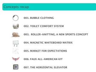 Concepts recap


           001. BUBBLE CLOTHING


           002. TOILET COMFORT SYSTEM


           003. ROLLER-KNITTING...