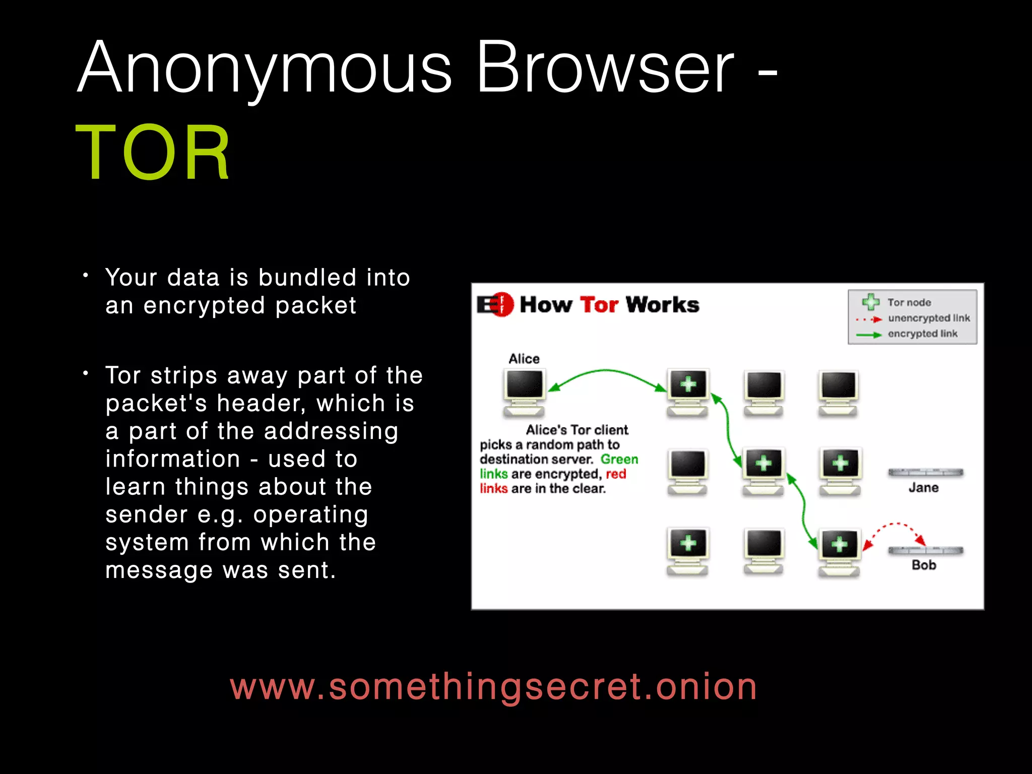 Anonymous Browser -
TOR
• Your data is bundled into
an encrypted packet
• Tor strips away part of the
packet's header, which is
a part of the addressing
information - used to
learn things about the
sender e.g. operating
system from which the
message was sent.
www.somethingsecret.onion
 