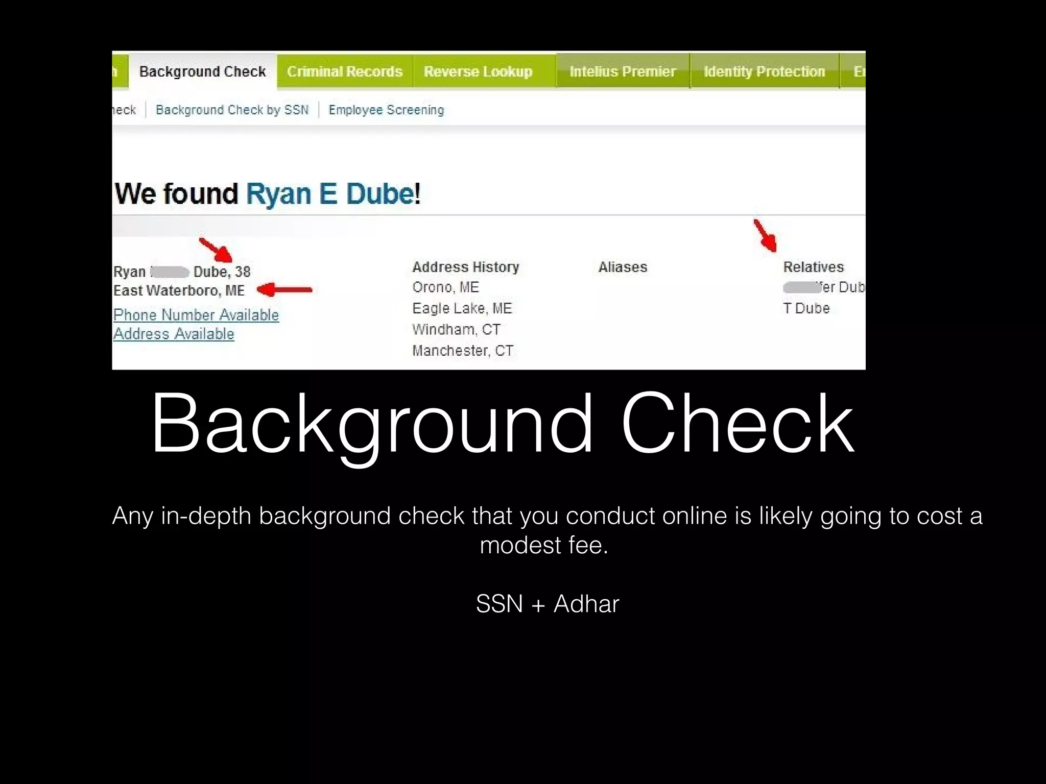 Background Check
Any in-depth background check that you conduct online is likely going to cost a
modest fee.
SSN + Adhar
 