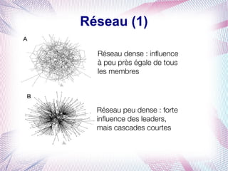Réseau (1)

  Réseau dense : influence
  à peu près égale de tous
  les membres




  Réseau peu dense : forte
  influence des leaders,
  mais cascades courtes
 