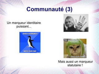 Communauté (3)

Un marqueur identitaire
     puissant...




                          Mais aussi un marqueur
                                statutaire !
 