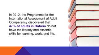 In 2012, the Programme for the
International Assessment of Adult
Competency discovered that
47% of adults in Ontario do not
have the literacy and essential
skills for learning, work, and life.
 