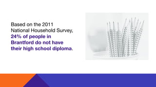 Based on the 2011  
National Household Survey,
24% of people in
Brantford do not have
their high school diploma.
 