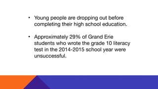 • Young people are dropping out before
completing their high school education.

• Approximately 29% of Grand Erie
students who wrote the grade 10 literacy
test in the 2014-2015 school year were
unsuccessful.
 