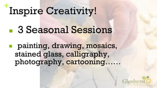 +
Inspire Creativity!
■ 3 Seasonal Sessions
■ painting, drawing, mosaics,
stained glass, calligraphy,
photography, cartooning……
 