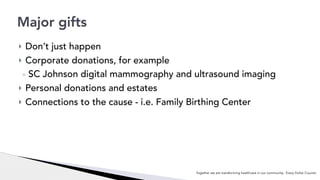 ! Don’t just happen
! Corporate donations, for example
◦ SC Johnson digital mammography and ultrasound imaging
! Personal donations and estates
! Connections to the cause - i.e. Family Birthing Center
Major gifts
Together we are transforming healthcare in our community. Every Dollar Counts!
 