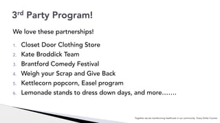We love these partnerships!
1. Closet Door Clothing Store
2. Kate Broddick Team
3. Brantford Comedy Festival
4. Weigh your Scrap and Give Back
5. Kettlecorn popcorn, Easel program
6. Lemonade stands to dress down days, and more…….
3rd Party Program!
Together we are transforming healthcare in our community. Every Dollar Counts!
 