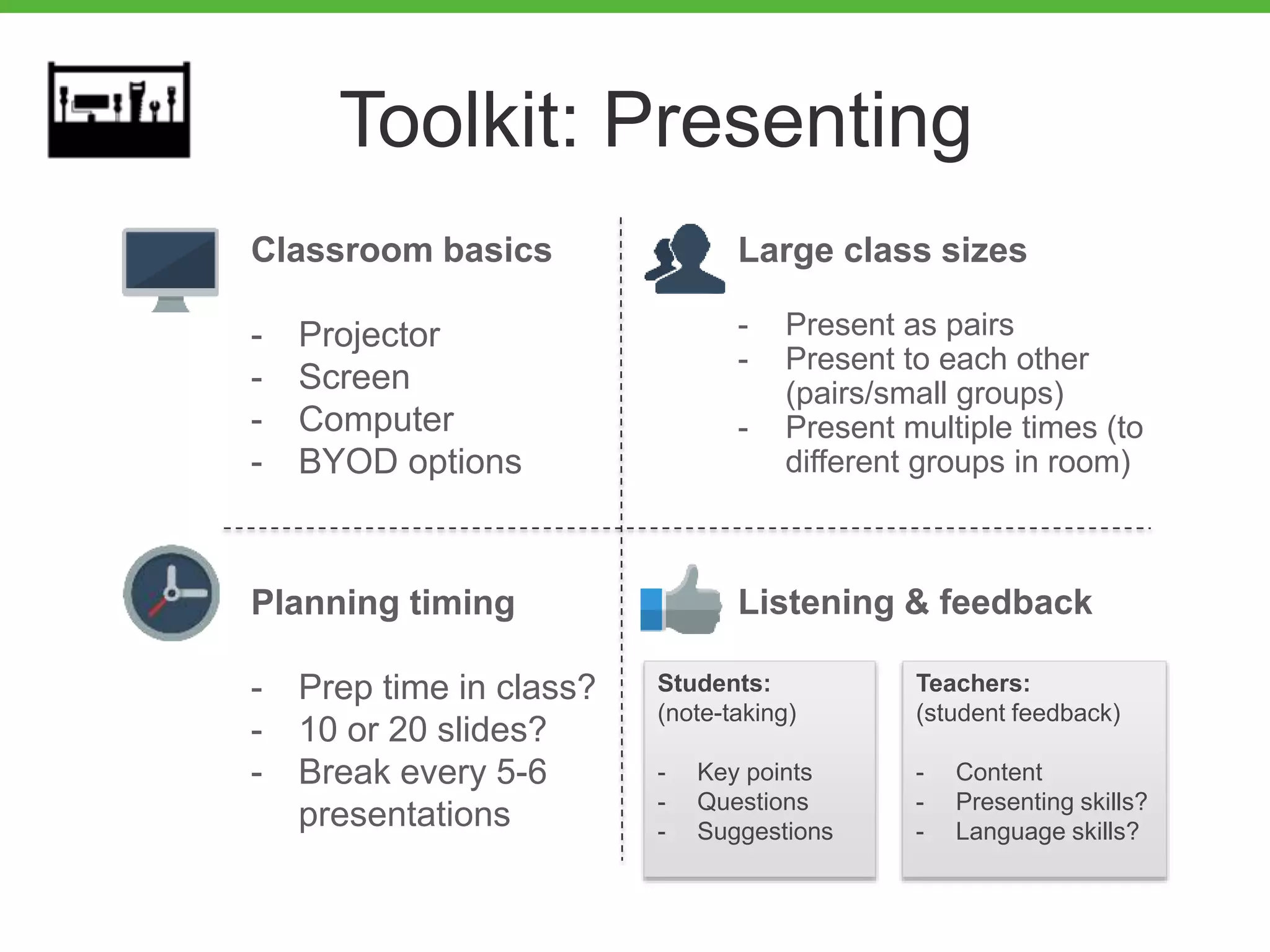 Toolkit: Presenting
Classroom basics
- Projector
- Screen
- Computer
- BYOD options
Large class sizes
- Present as pairs
- Present to each other
(pairs/small groups)
- Present multiple times (to
different groups in room)
Planning timing
- Prep time in class?
- 10 or 20 slides?
- Break every 5-6
presentations
Listening & feedback
Students:
(note-taking)
- Key points
- Questions
- Suggestions
Teachers:
(student feedback)
- Content
- Presenting skills?
- Language skills?
 