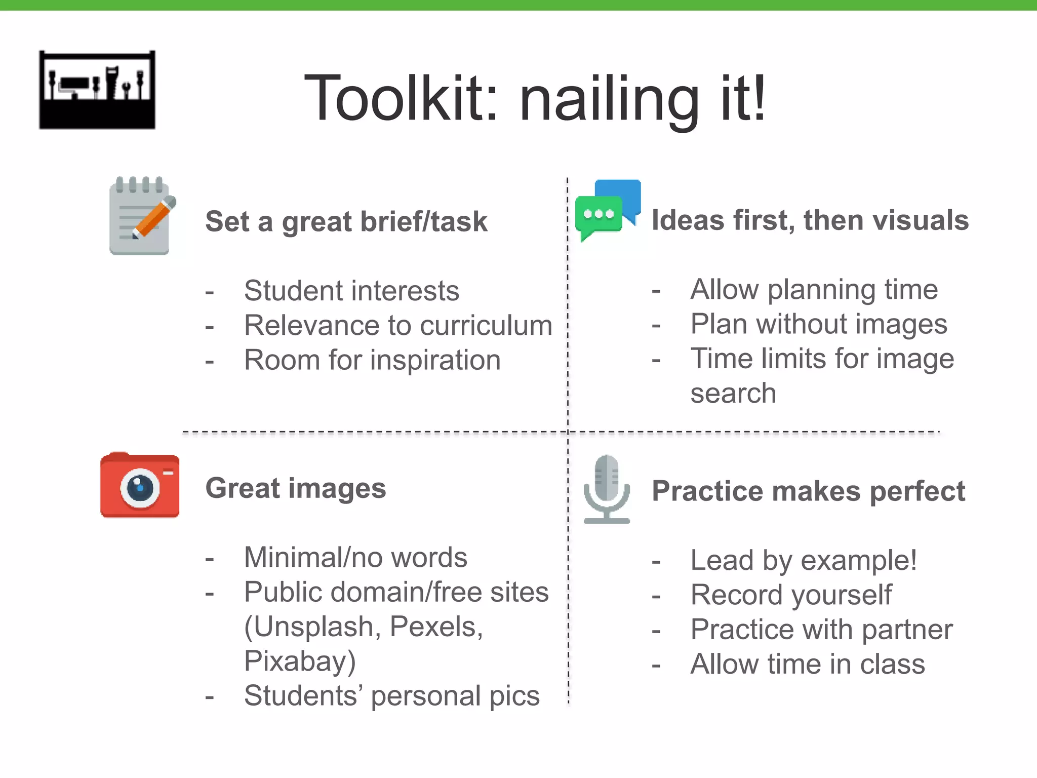 Toolkit: nailing it!
Set a great brief/task
- Student interests
- Relevance to curriculum
- Room for inspiration
Ideas first, then visuals
- Allow planning time
- Plan without images
- Time limits for image
search
Great images
- Minimal/no words
- Public domain/free sites
(Unsplash, Pexels,
Pixabay)
- Students’ personal pics
Practice makes perfect
- Lead by example!
- Record yourself
- Practice with partner
- Allow time in class
 