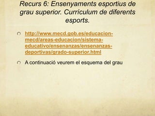Recurs 6: Ensenyaments esportius de
grau superior. Currículum de diferents
esports.
http://www.mecd.gob.es/educacion-
mecd/areas-educacion/sistema-
educativo/ensenanzas/ensenanzas-
deportivas/grado-superior.html
A continuació veurem el esquema del grau
 