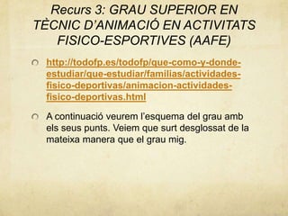 Recurs 3: GRAU SUPERIOR EN
TÈCNIC D’ANIMACIÓ EN ACTIVITATS
FISICO-ESPORTIVES (AAFE)
http://todofp.es/todofp/que-como-y-donde-
estudiar/que-estudiar/familias/actividades-
fisico-deportivas/animacion-actividades-
fisico-deportivas.html
A continuació veurem l’esquema del grau amb
els seus punts. Veiem que surt desglossat de la
mateixa manera que el grau mig.
 