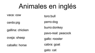 Animales en inglés
vaca: cow
cerdo:pig
gallina: chicken
oveja: sheep
caballo: horse
toro:bull
perro:dog
burro:donkey
pavo-real: peacock
gallo: rooster
cabra: goat
gato: cat
 