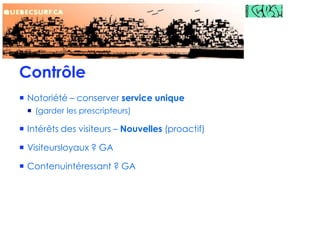 ContrôleNotoriété – conserver service unique (garder les prescripteurs)Intérêts des visiteurs – Nouvelles (proactif)Visiteursloyaux ? GAContenuintéressant ? GA