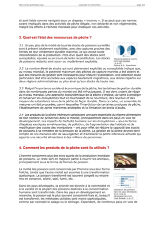 http://www.greenfacts.org/                     Copyright © GreenFacts                                  page 3/9




et sont listés comme navigant sous un drapeau « inconnu ». Il se peut que ces navires
soient impliqués dans des activités de pêche illégale, non déclarée et non réglementée,
malgré les efforts à l’échelle mondiale pour éradiquer ces activités.


3. Quel est l’état des ressources de pêche ?

3.1 Un peu plus de la moitié de tous les stocks de poissons surveillés
sont à présent totalement exploitées, avec des captures proches des
limites de leur rendement durable maximal, ce qui exclut toute
intensification de la production. Près d’un quart des stocks sont
surexploités, épuisés ou en cours de lente reconstitution. Les stocks      Stocks de poissons marins
de poissons restants sont sous- ou modérément exploités.                   [en] [voir Annexe
                                                                            4, p. 8]
                                                                           Source & ©: GreenFacts
3.2 Le nombre élevé de stocks qui sont pleinement exploités ou surexploités indique que,
au niveau mondial, le potentiel maximum des pêches de capture marines a été atteint et
que des mesures de gestion sont nécessaires pour réduire l’exploitation. Une attention toute
particulière doit être accordée aux espèces hautement migratrices, aux stocks répartis sur
deux régions administratives ou plus ainsi qu’aux stocks de haute mer.

3.3 Malgré l’importance sociale et économique de la pêche, les tentatives de gestion durable
dans de nombreuses parties du monde ont été infructueuses. Il est donc urgent de réagir
au niveau mondial. Une approche écosystémique de la pêche s’impose, de sorte à protéger
et conserver les écosystèmes tout en fournissant de la nourriture, des revenus et des
moyens de subsistance issus de la pêche de façon durable. Dans ce cadre, un ensemble de
mesures ont été proposées, parmi lesquelles l’interdiction de certaines pratiques de pêche,
l’établissement de zones maritimes protégées et la limitation de droits d’accès.

3.4 Les produits de la pêche intérieure constituent une part essentielle du régime alimentaire
de bon nombre de personnes dans le monde, principalement dans les pays en voie de
développement. Les impacts de l’activité humaine sur les écosystèmes – sous la forme
d’espèces exotiques envahissantes, de pollution, de fragmentation des habitats et de
modification des cycles des inondations – ont pour effet de réduire la capacité des stocks
de poissons à se remettre de la pression de la pêche. La gestion de la pêche devrait tenir
compte de ces menaces afin de sauvegarder et d’améliorer la pêche intérieure actuelle qui
apporte une sécurité alimentaire à des millions de personnes.


4. Comment les produits de la pêche sont-ils utilisés ?

L’homme consomme plus des trois quarts de la production mondiale
de poissons. Le reste sert en majeure partie à nourrir les animaux,
principalement sous la forme de farines de poisson.

La moitié des poissons sont consommés par l’homme sous leur forme          Source: FAO
fraîche, tandis que l’autre moitié est soumise à une transformation
quelconque. Le poisson transformé est souvent congelé ou encore
mis en conserve, séché, salé, fumé, etc.

Dans les pays développés, la priorité est donnée à la commodité et
à la variété et la plupart des poissons destinés à la consommation    Utilisation des poissons
humaine sont transformés. Dans les pays en développement en           dans les pays développés
                                                                      et en voie de
revanche, le poisson est le plus souvent consommé frais et, lorsqu’il développement [en]
est transformé, les méthodes utilisées sont moins sophistiquées,      [voir Annexe 1, p. 7]

comme par exemple le salage ou le séchage. Cependant, de nombreux pays en voie de
 