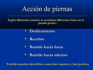 Acción de piernas
 Según diferentes autores se nombran diferentes fases en la
                        patada pecho :

                 Deslizamiento
                 Recobro
                 Barrido hacia fuera
                 Barrido hacia adentro

También pueden describirse como fase negativa y fase positiva
 