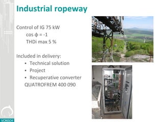 Industrial ropeway
Control of IG 75 kW
cos φ = -1
THDi max 5 %
Included in delivery:
 Technical solution
 Project
 Recuperative converter
QUATROFREM 400 090
 
