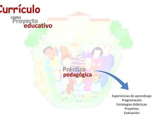 Práctica 
como 
Experiencias de aprendizaje. 
Programación. 
Estrategias didácticas. 
Proyectos. 
Evaluación. 
 