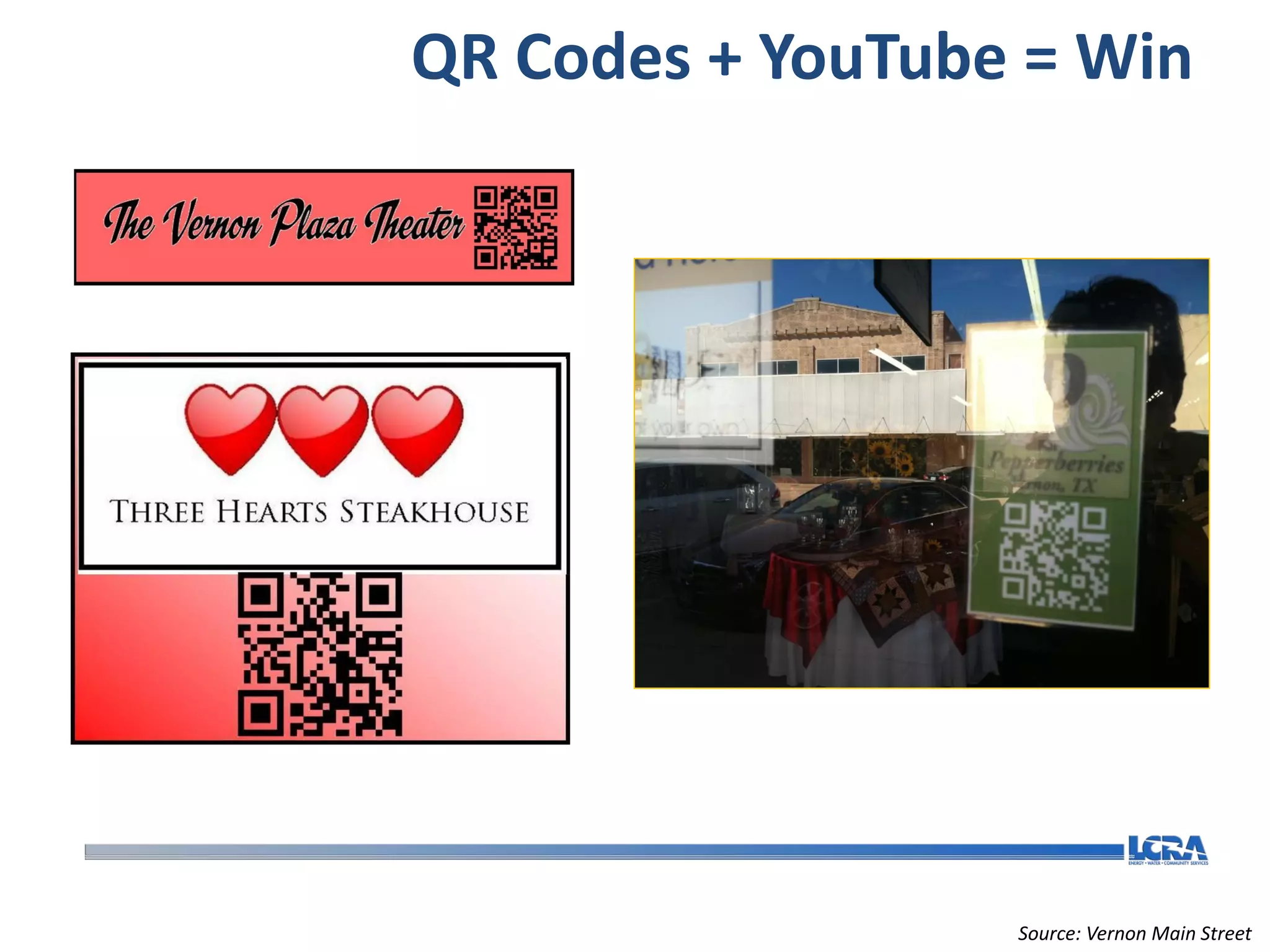 QR Codes + YouTube = Win




                  Source: Vernon Main Street
 